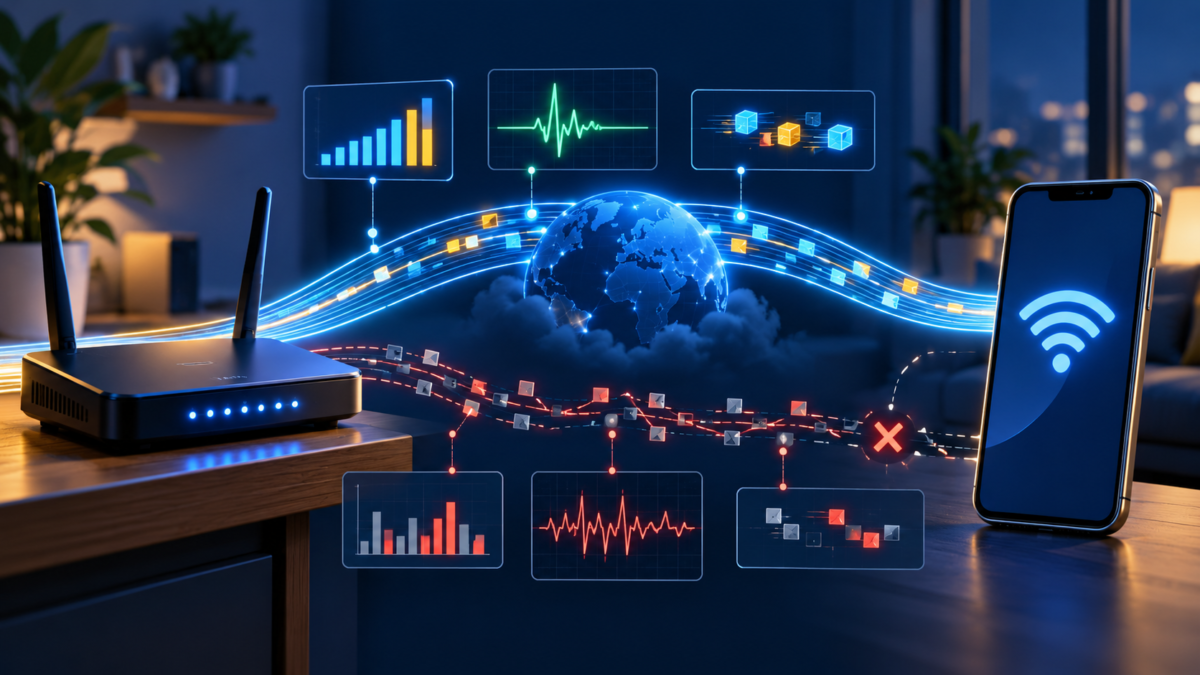 Ilustrasi router dan ponsel yang menunjukkan bandwidth, latensi, jitter, serta packet loss pada jaringan internet