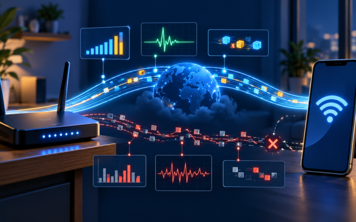 Ilustrasi router dan ponsel yang menunjukkan bandwidth, latensi, jitter, serta packet loss pada jaringan internet