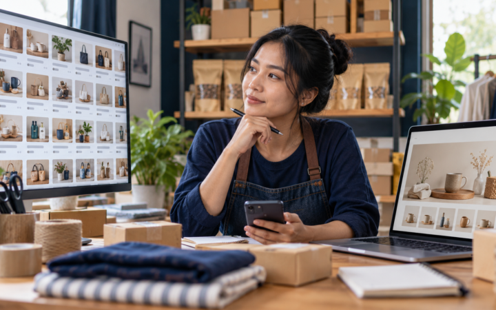Pemilik UMKM membandingkan marketplace dan toko online sendiri.